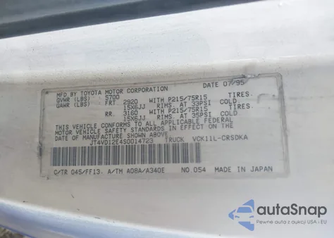 1995 Toyota T100 Xtracab/Dx из США, поврежденный, VIN JT4VD12E4S0014723